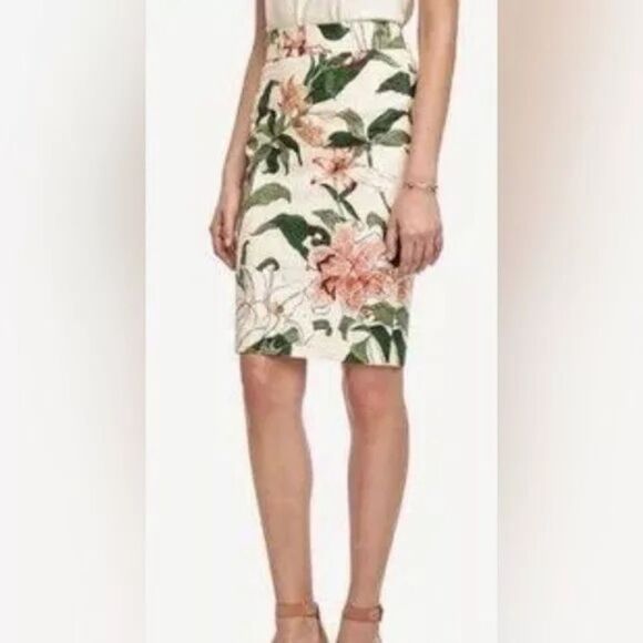 Ann Taylor Dresses & Skirts - Ann Taylor Garden‎ Ivory Tiger Lily Pink/Green Pencil Skirt Sz 0